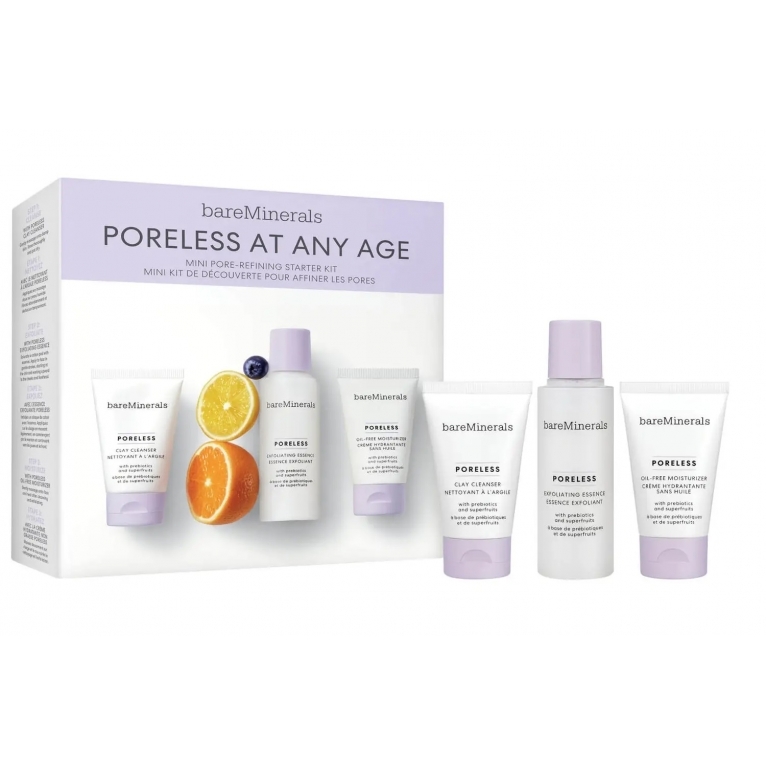 bareMinerals  Poreless At Any Age Skincare Starter Kit With Clay Cleanser 30ml, Exfoliating Essence 50ml, Oil-Free Moisturizer 30ml